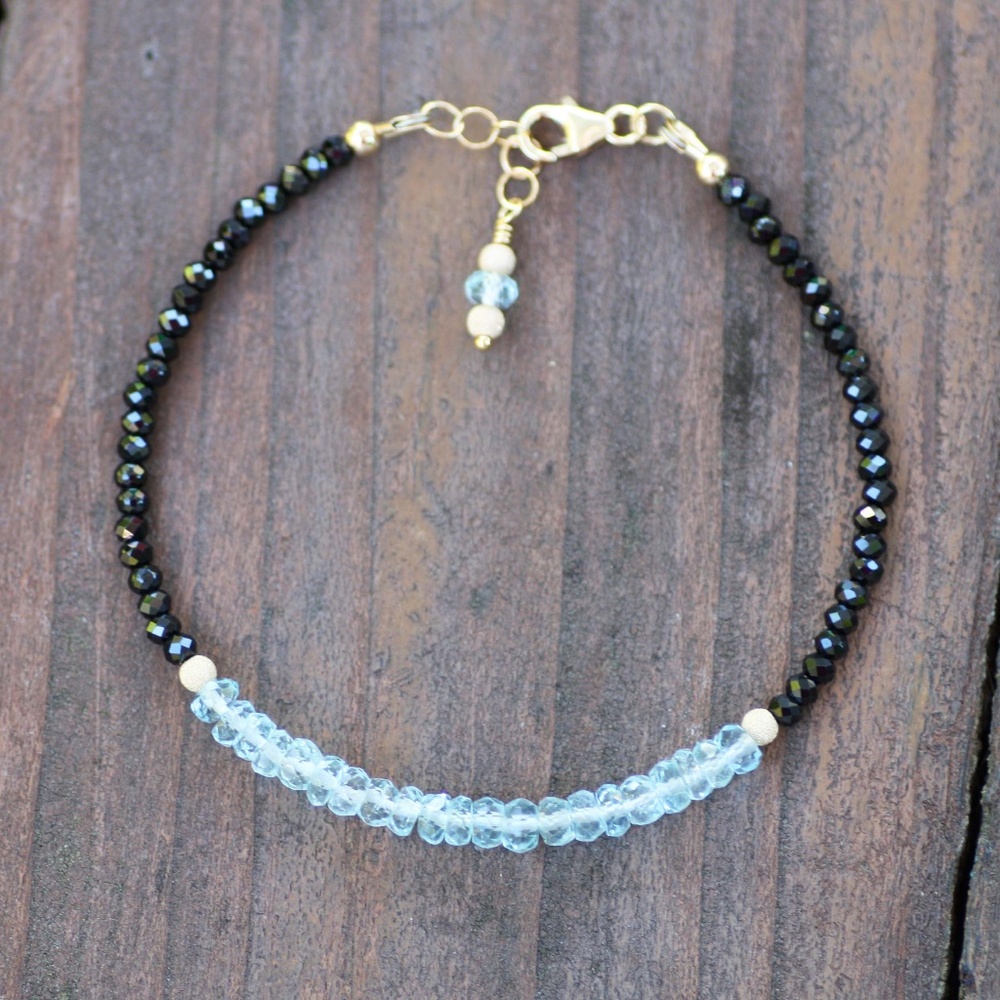 New Natural Black Spinel | Sky Blue Topaz Bracelet 14K Yellow Gold Filled